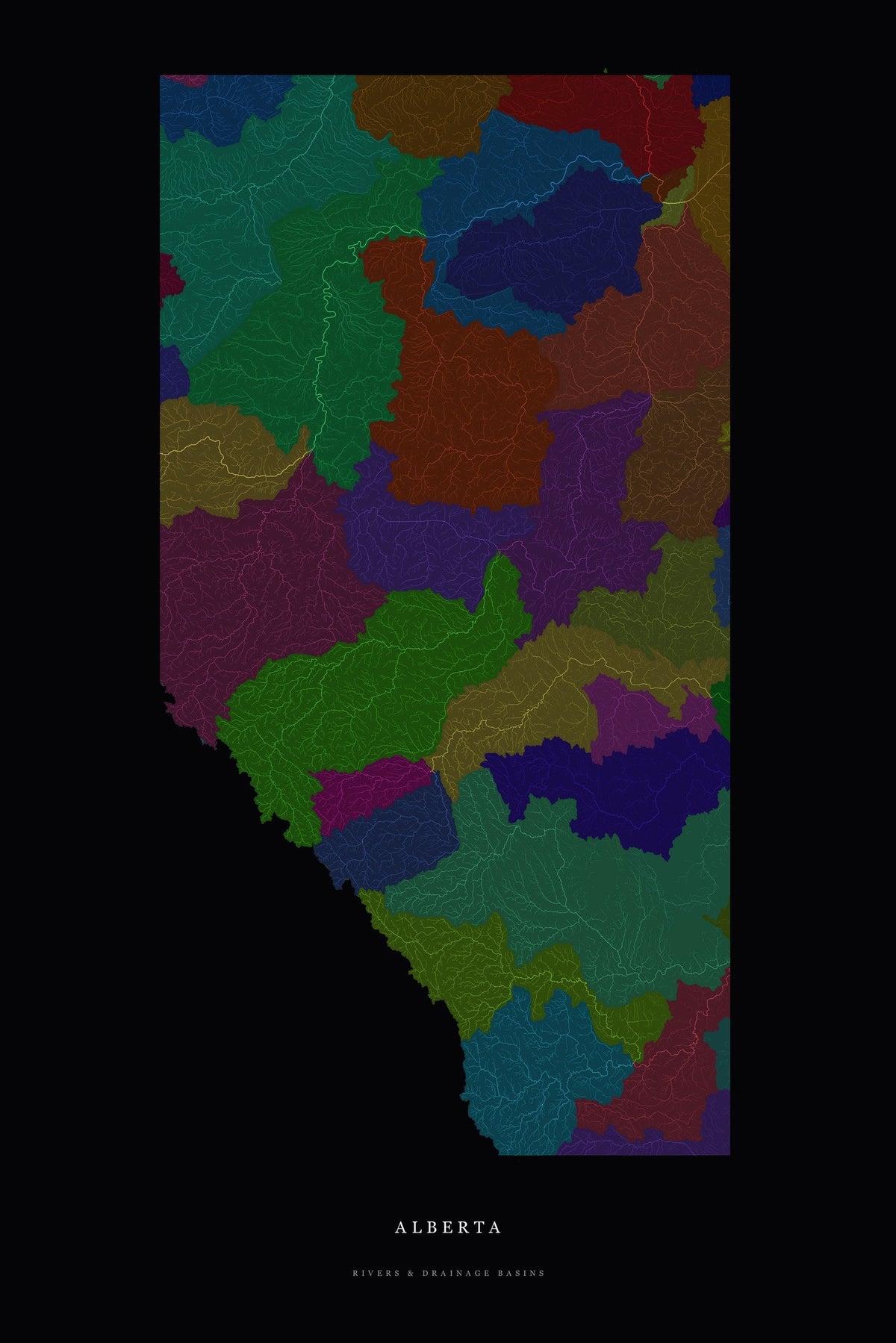 Map of every river in Alberta, each drainage basin shown in its own colour on a black background, rendered from HydroSHEDS hydrology data