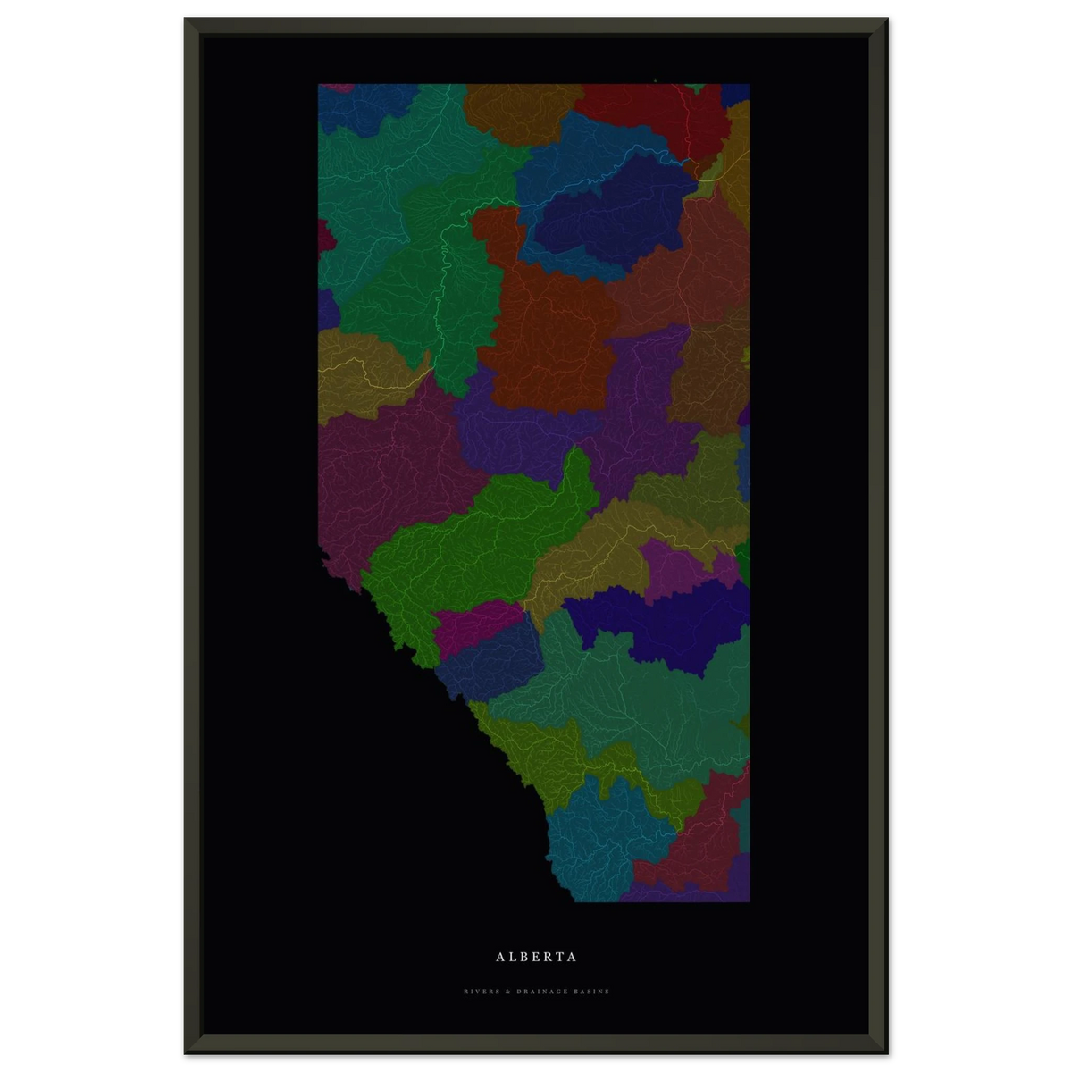 Alberta watershed map print, rivers coloured by drainage basin, in a black metal frame, close view