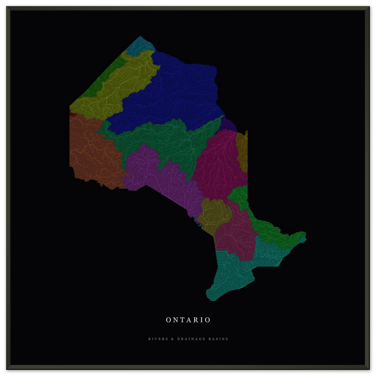 Ontario watershed map print, rivers coloured by drainage basin, in a black metal frame, close view