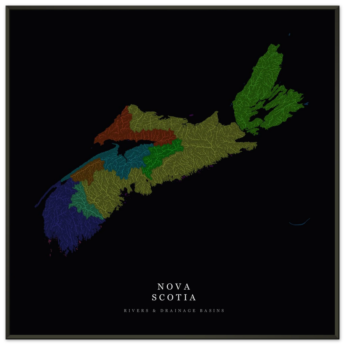 Nova Scotia watershed map print, rivers coloured by drainage basin, in a black metal frame, alternate view