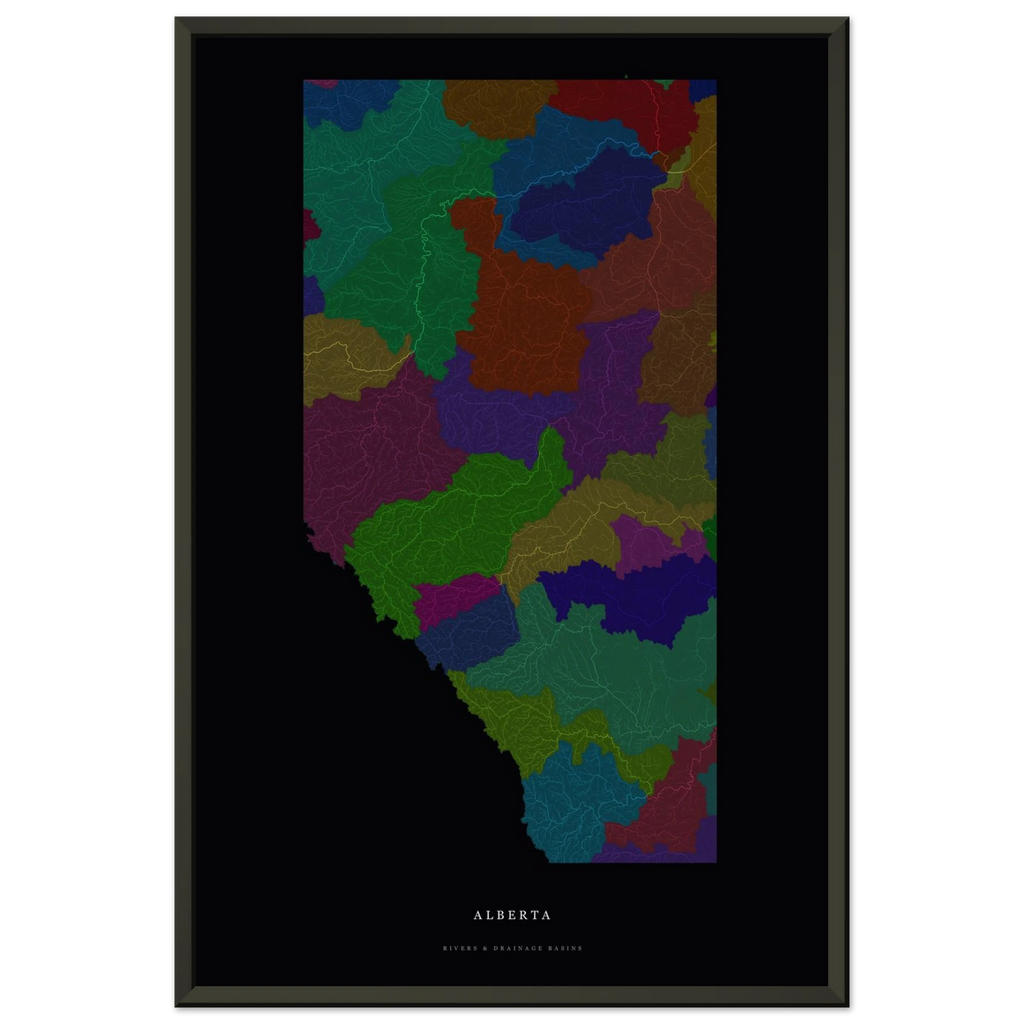 Alberta watershed map print, rivers coloured by drainage basin, in a black metal frame, alternate view