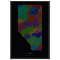 Alberta watershed map print, rivers coloured by drainage basin, in a black metal frame, alternate view