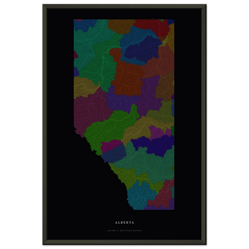 Alberta watershed map print, rivers coloured by drainage basin, in a black metal frame, alternate view