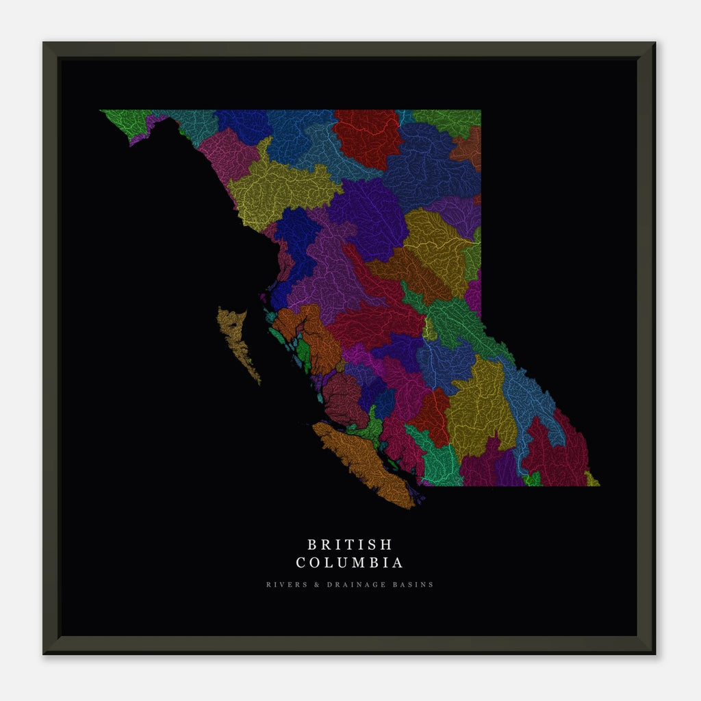 British Columbia watershed map print, rivers coloured by drainage basin, framed, shown against a pale wall