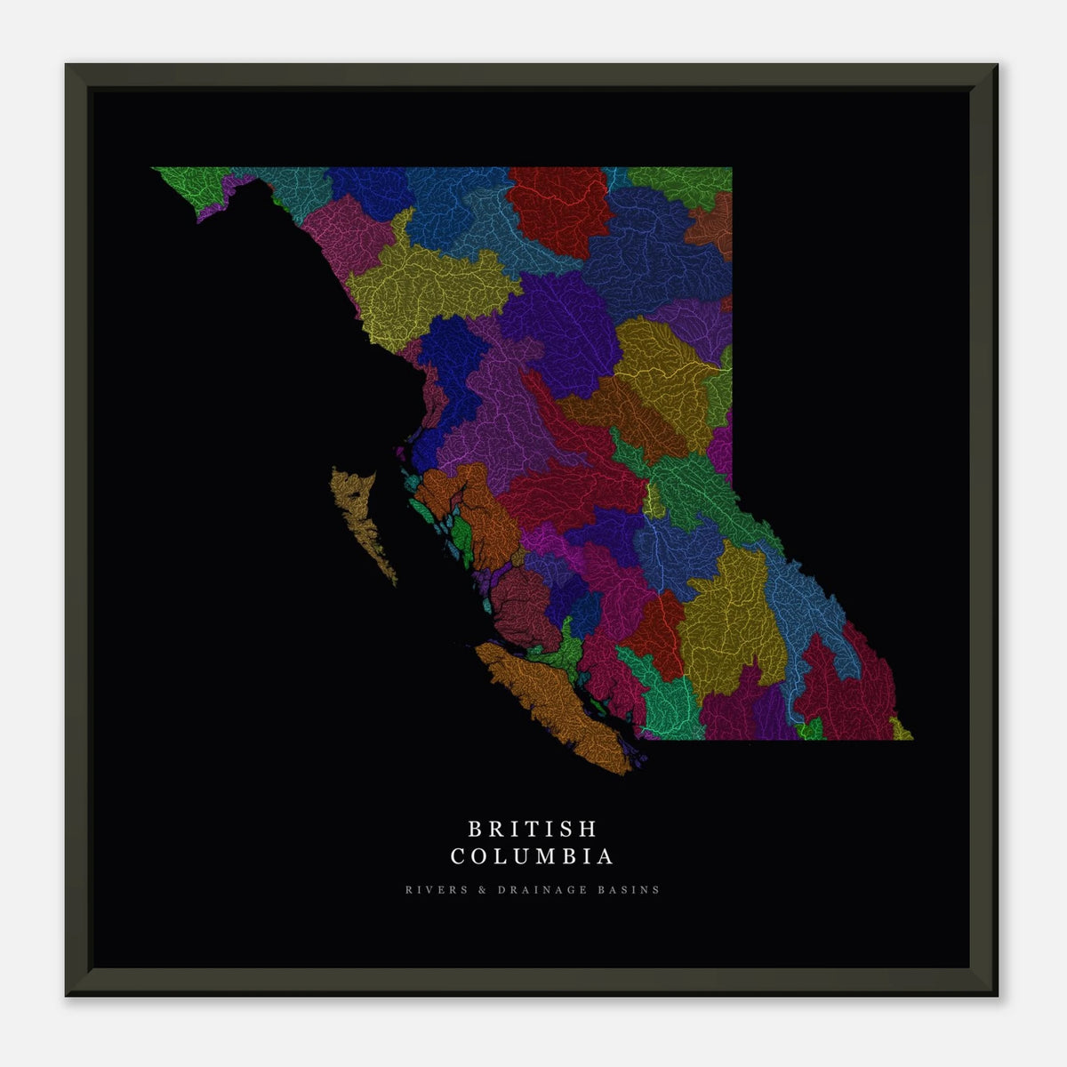 British Columbia watershed map print, rivers coloured by drainage basin, framed, shown against a pale wall