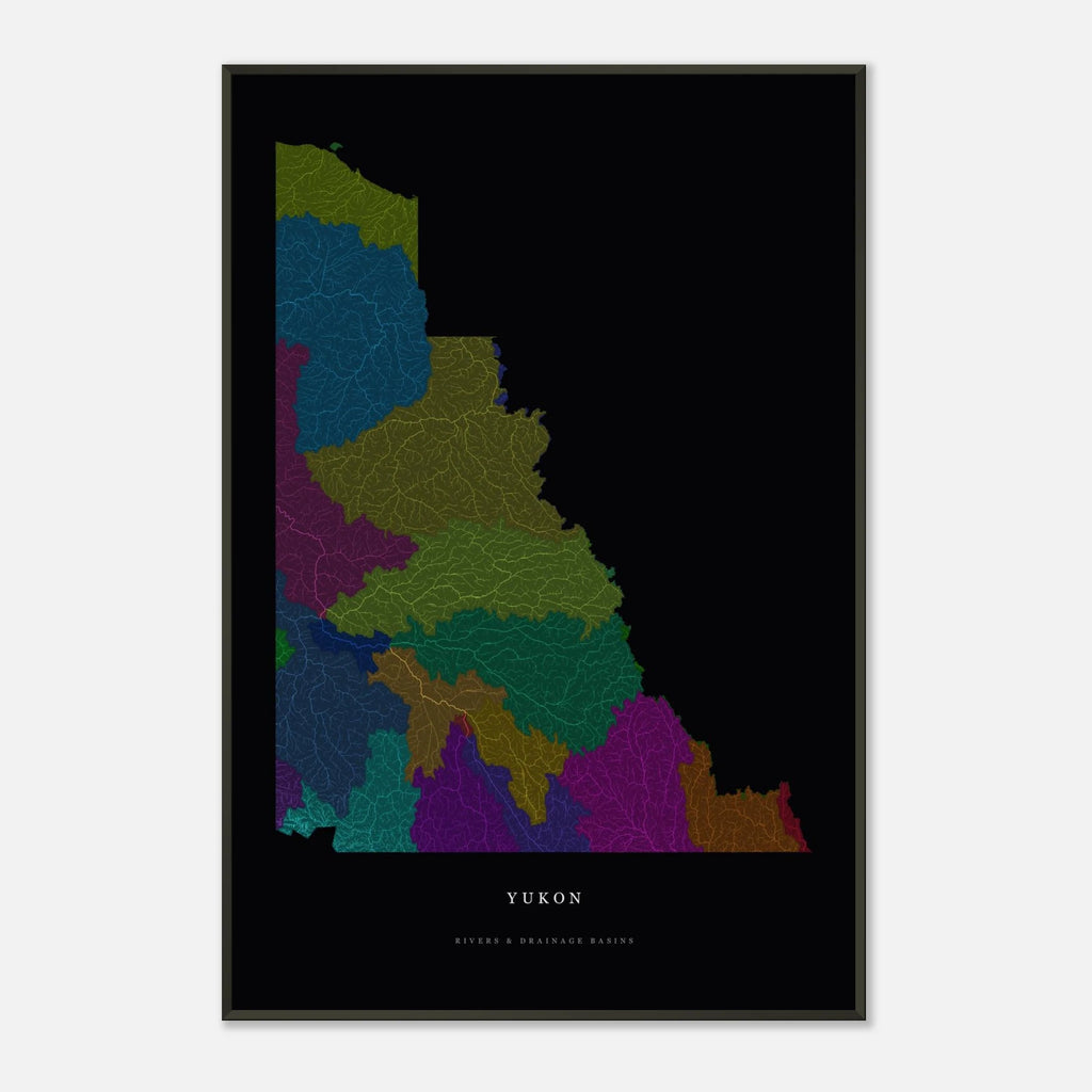 Yukon watershed map print, rivers coloured by drainage basin, framed, shown against a pale wall