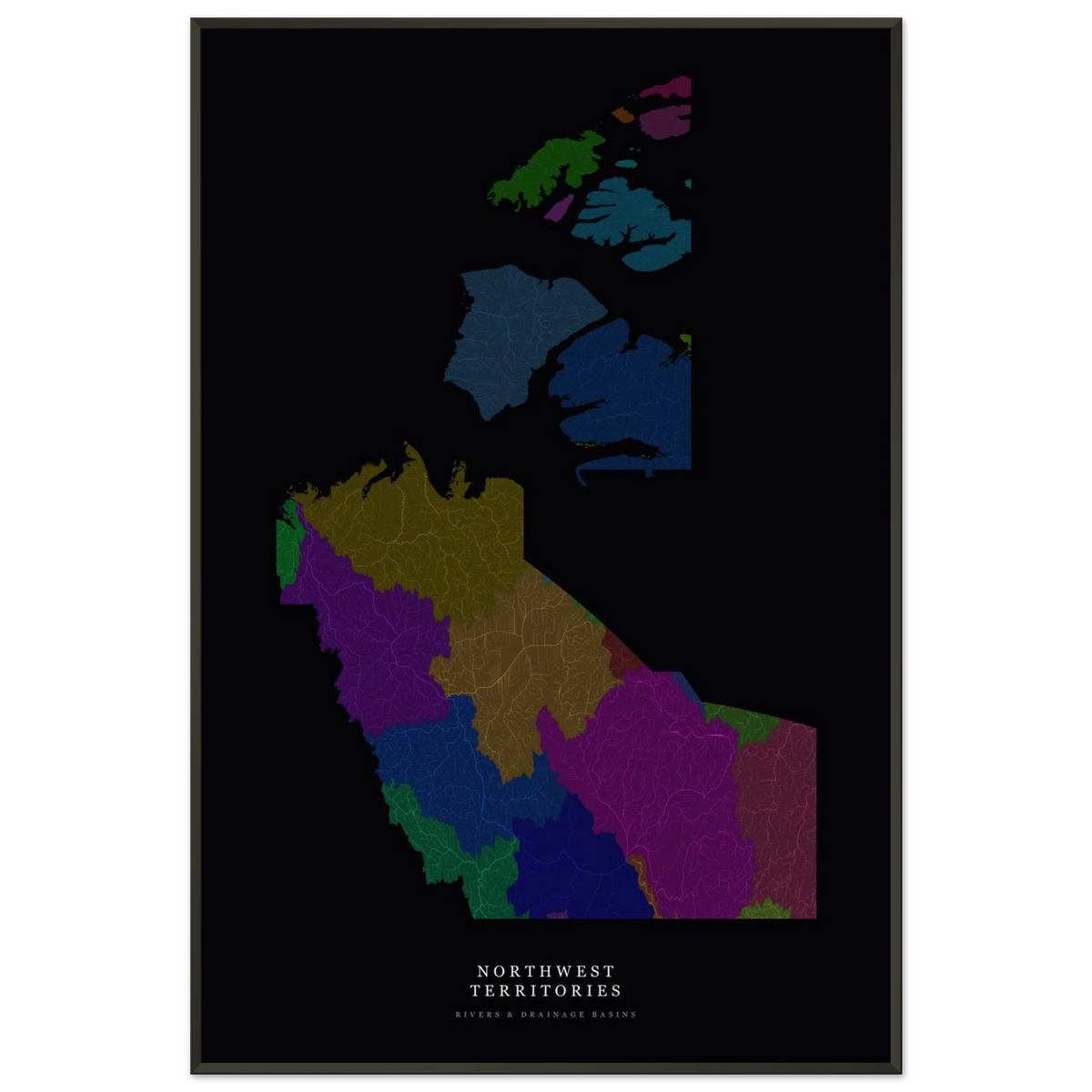 Northwest Territories watershed map print, rivers coloured by drainage basin, in a black metal frame