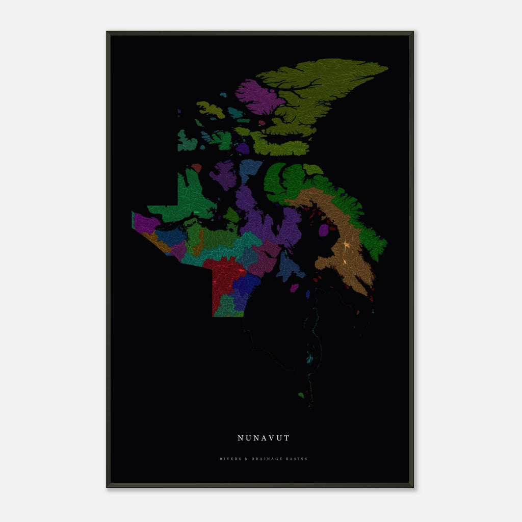 Nunavut watershed map print, rivers coloured by drainage basin, framed, shown against a pale wall