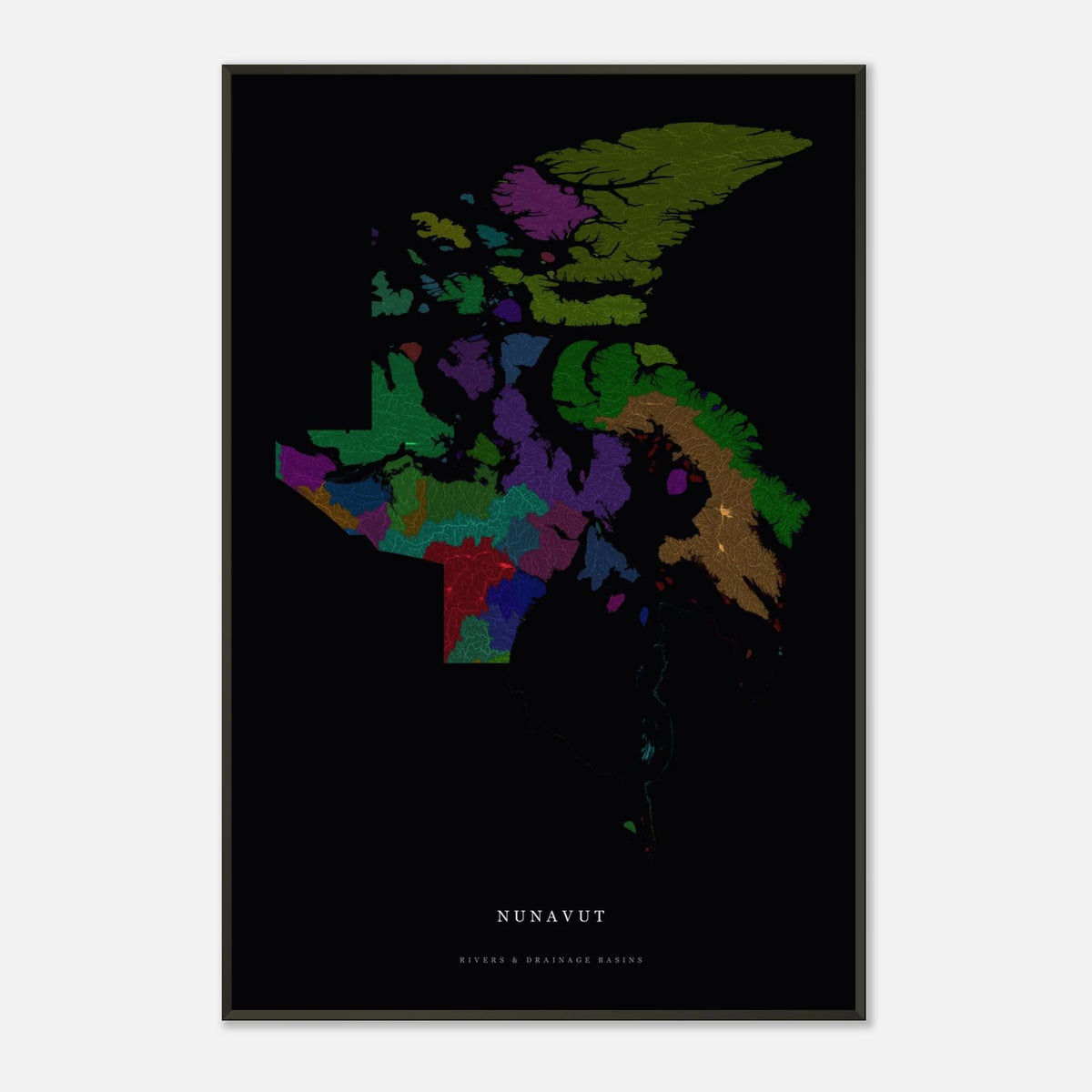 Nunavut watershed map print, rivers coloured by drainage basin, framed, shown against a pale wall