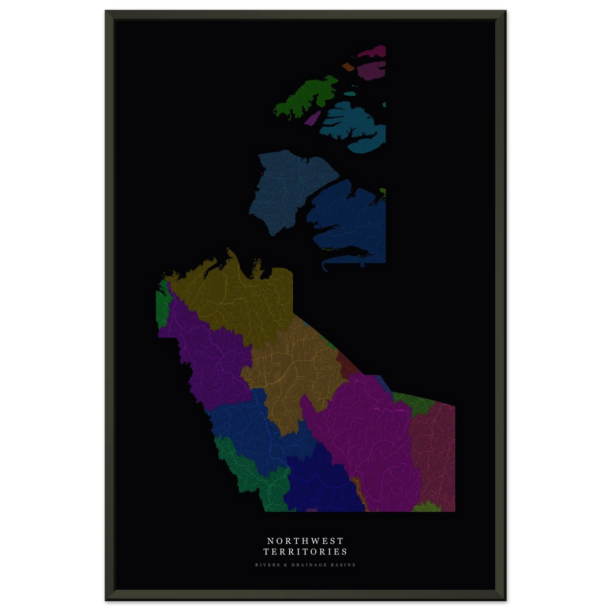 Northwest Territories watershed map print, rivers coloured by drainage basin, in a black metal frame, close view