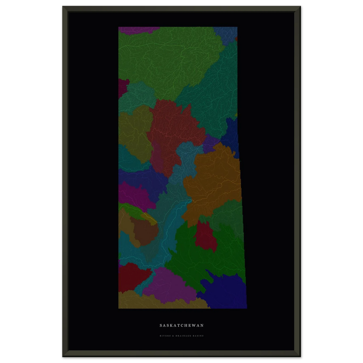 Saskatchewan watershed map print, rivers coloured by drainage basin, in a black metal frame, close view