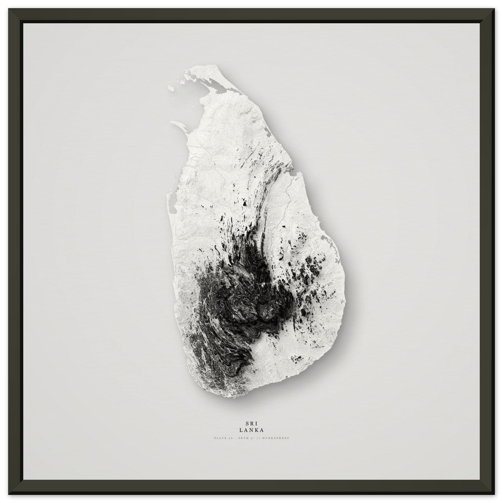 Sri Lanka elevation relief print in a black frame