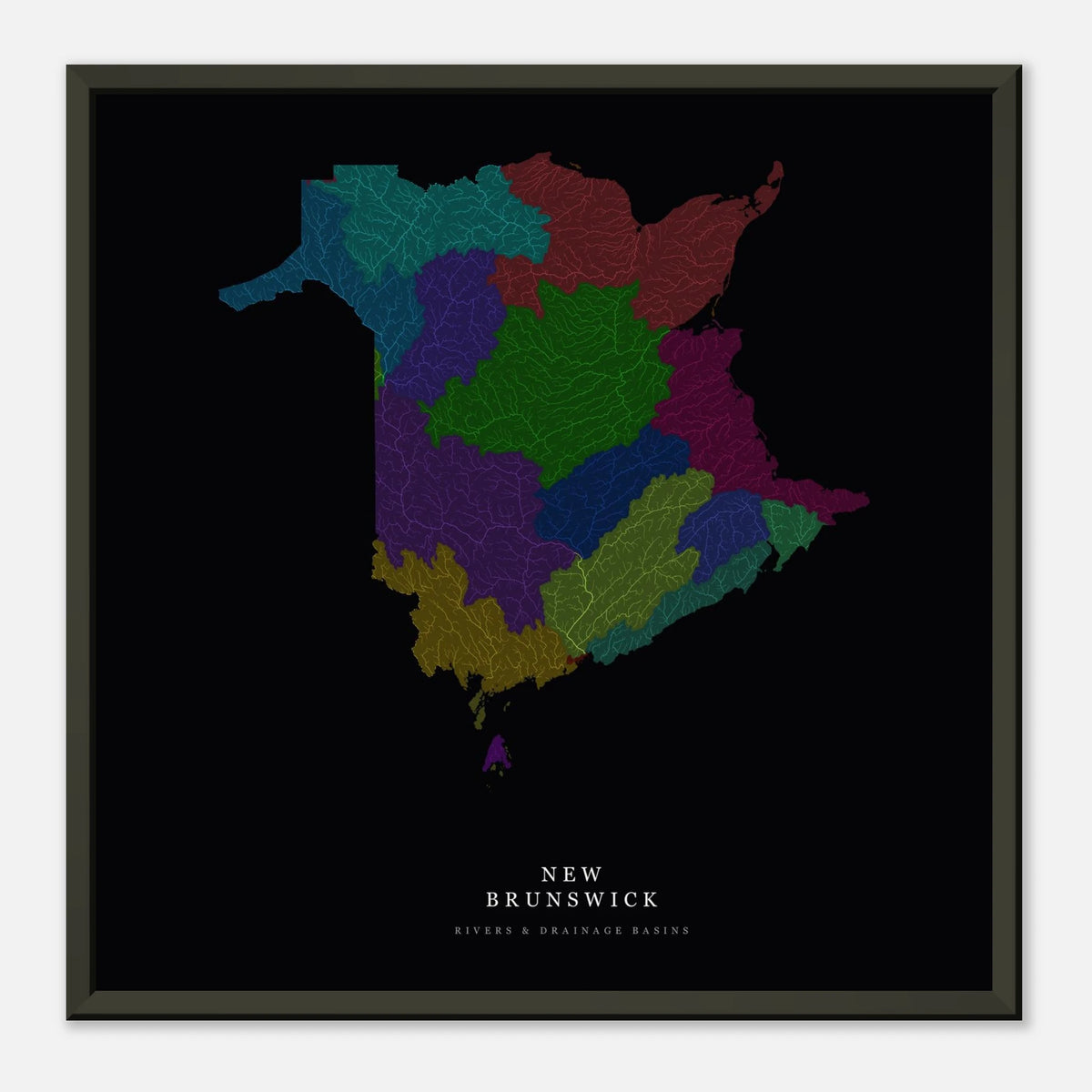 New Brunswick watershed map print, rivers coloured by drainage basin, framed, shown against a pale wall
