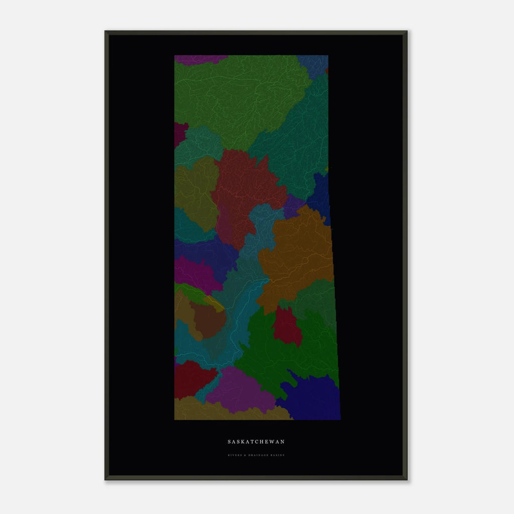 Saskatchewan watershed map print, rivers coloured by drainage basin, framed, shown against a pale wall