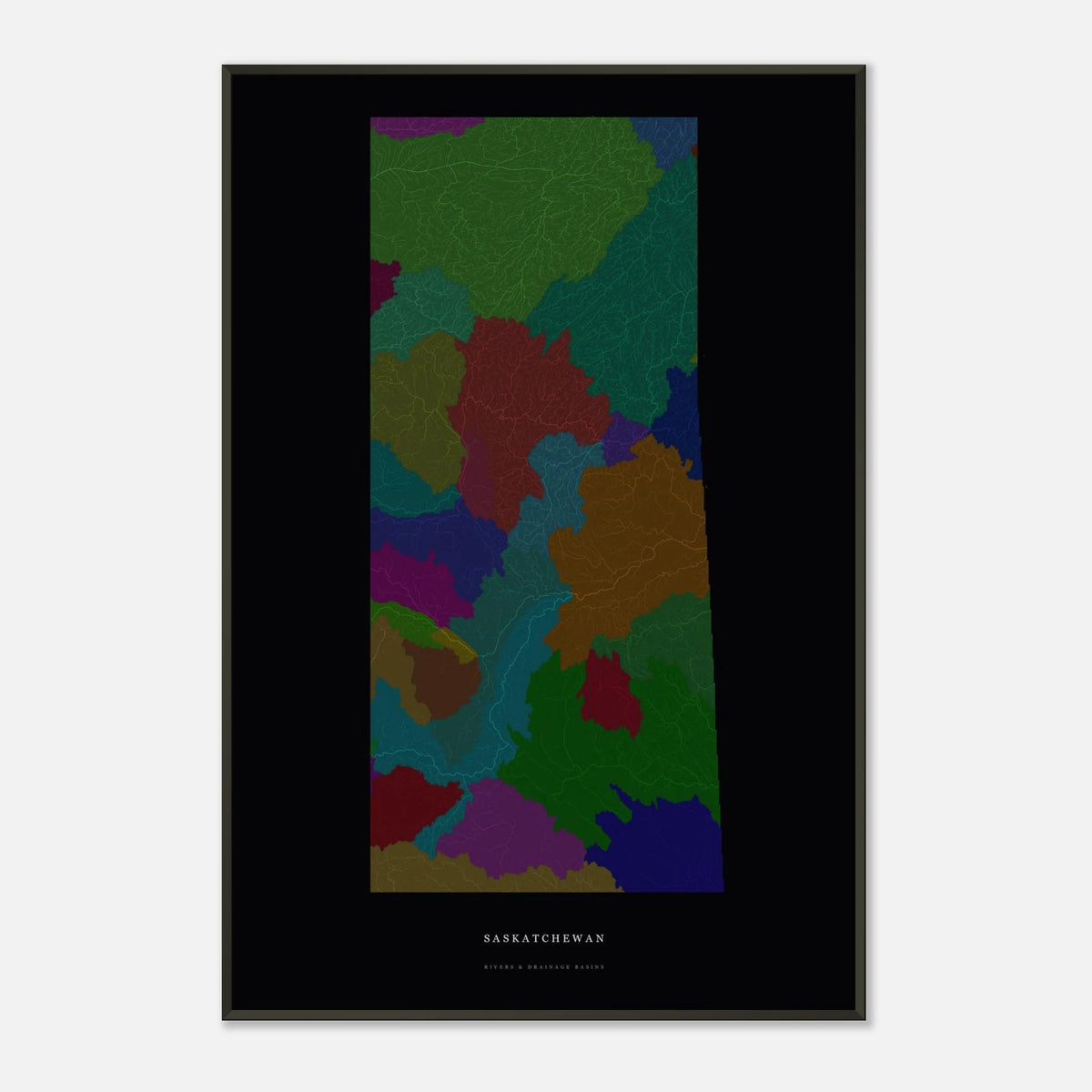 Saskatchewan watershed map print, rivers coloured by drainage basin, framed, shown against a pale wall