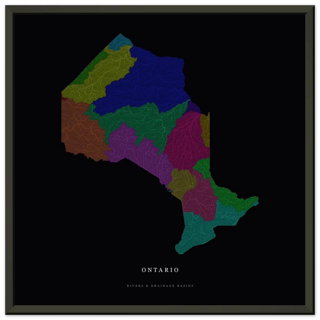 Ontario watershed map print, rivers coloured by drainage basin, in a black metal frame