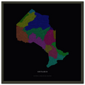Ontario watershed map print, rivers coloured by drainage basin, in a black metal frame
