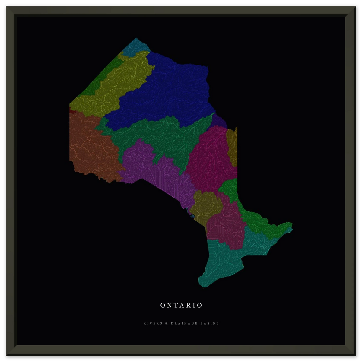 Ontario watershed map print, rivers coloured by drainage basin, in a black metal frame