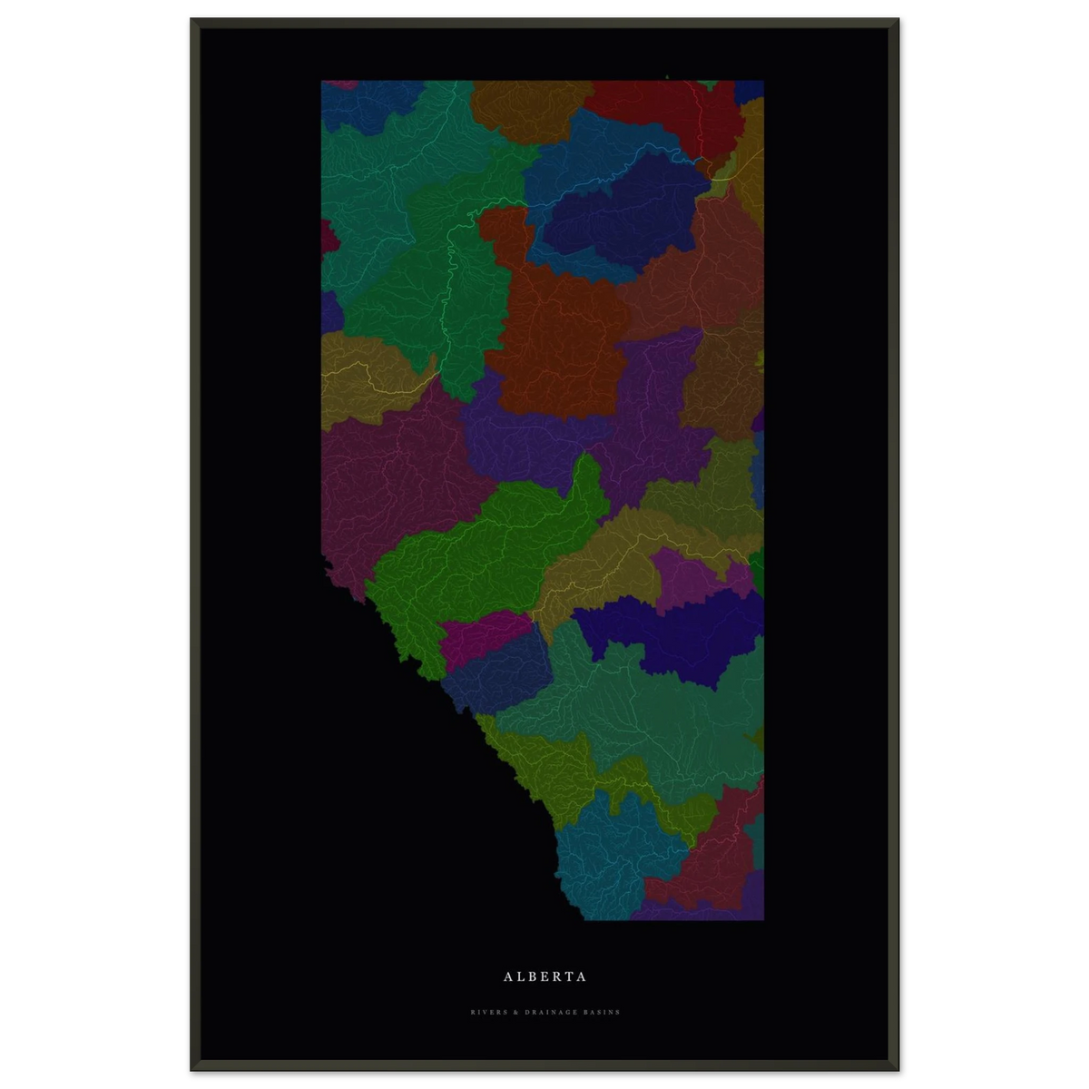 Alberta watershed map print, rivers coloured by drainage basin, in a black metal frame