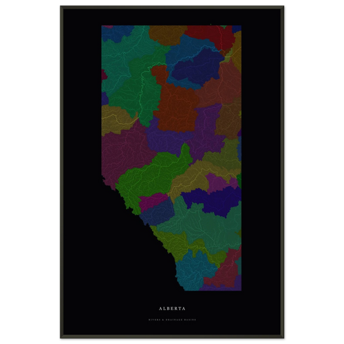 Alberta watershed map print, rivers coloured by drainage basin, in a black metal frame