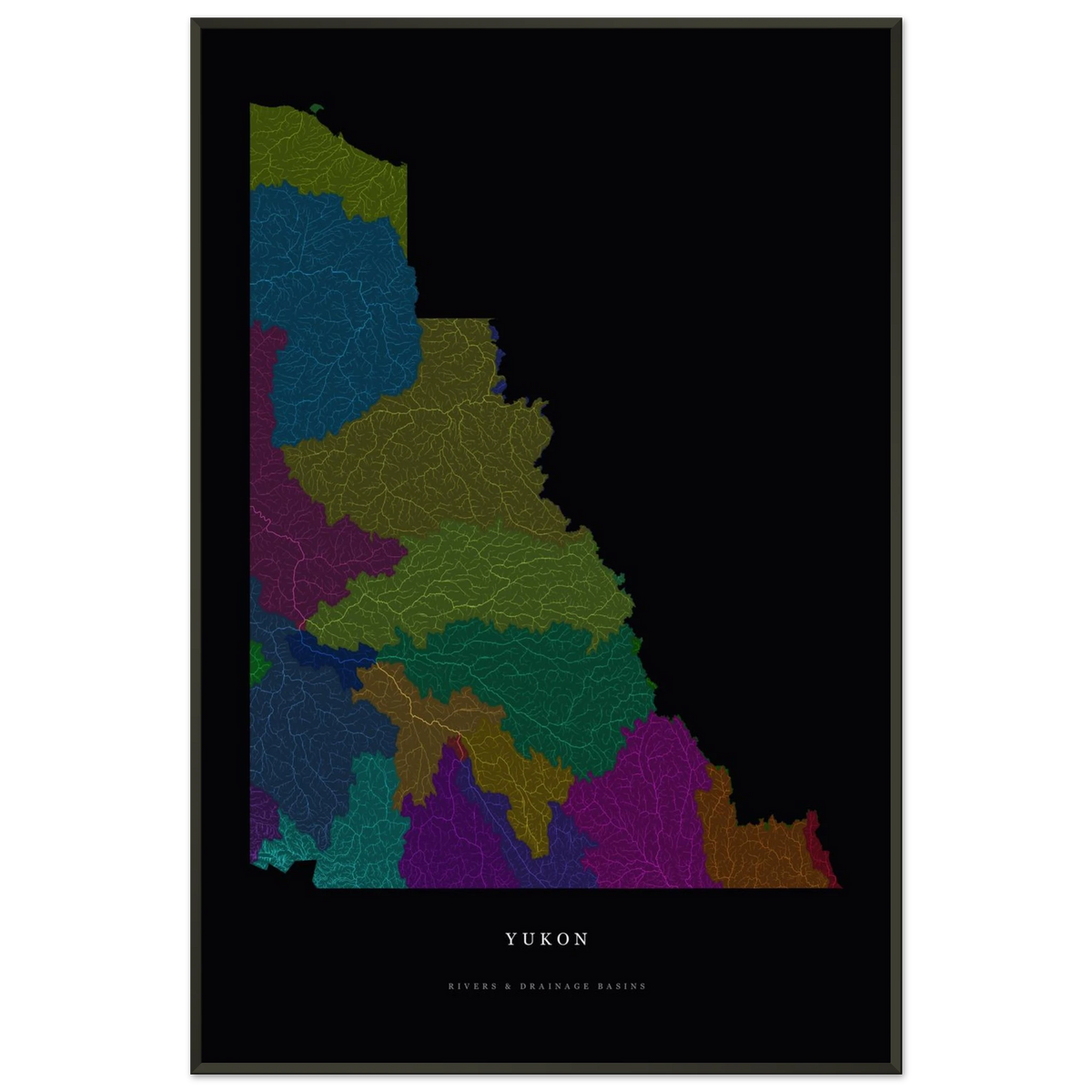 Yukon watershed map print, rivers coloured by drainage basin, in a black metal frame