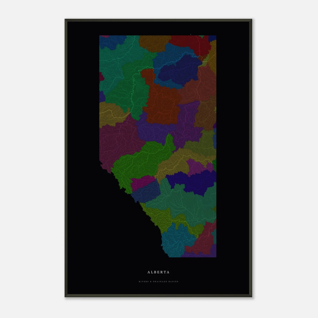 Alberta watershed map print, rivers coloured by drainage basin, framed, shown against a pale wall