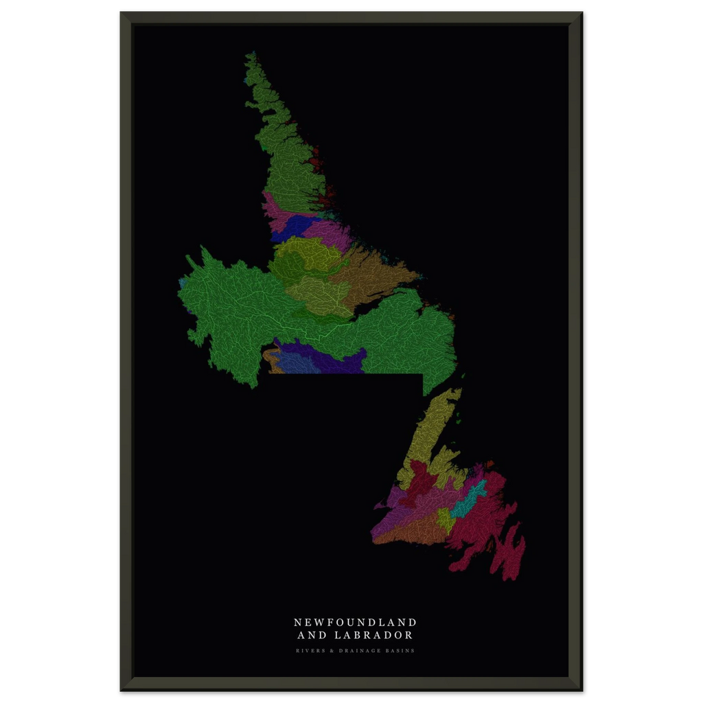 Newfoundland and Labrador watershed map print, rivers coloured by drainage basin, in a black metal frame, close view