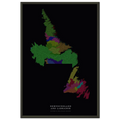 Newfoundland and Labrador watershed map print, rivers coloured by drainage basin, in a black metal frame, close view