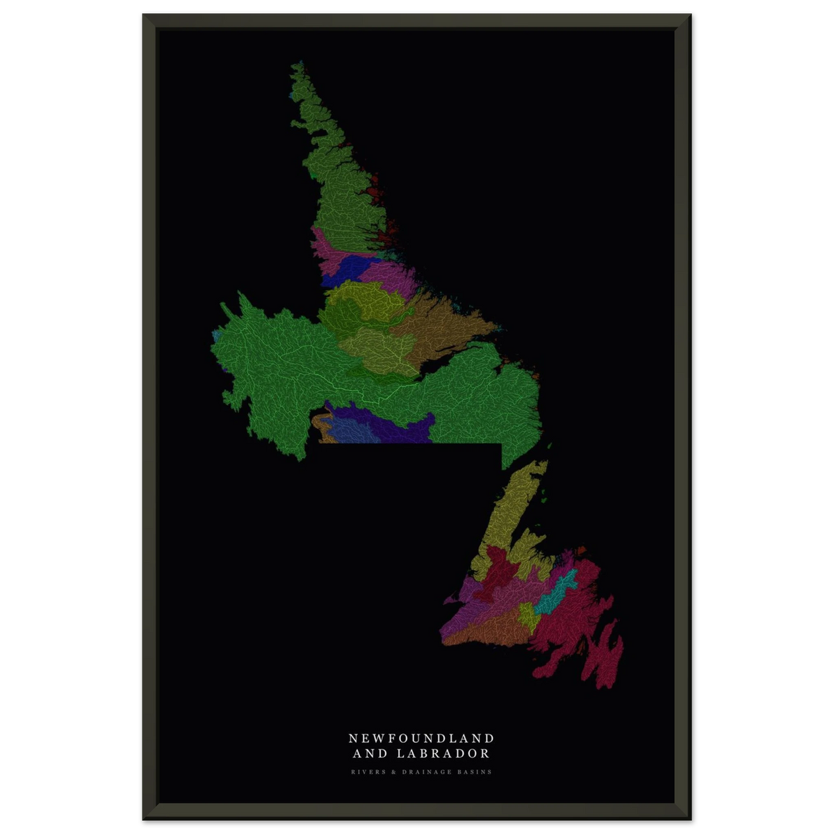 Newfoundland and Labrador watershed map print, rivers coloured by drainage basin, in a black metal frame, close view