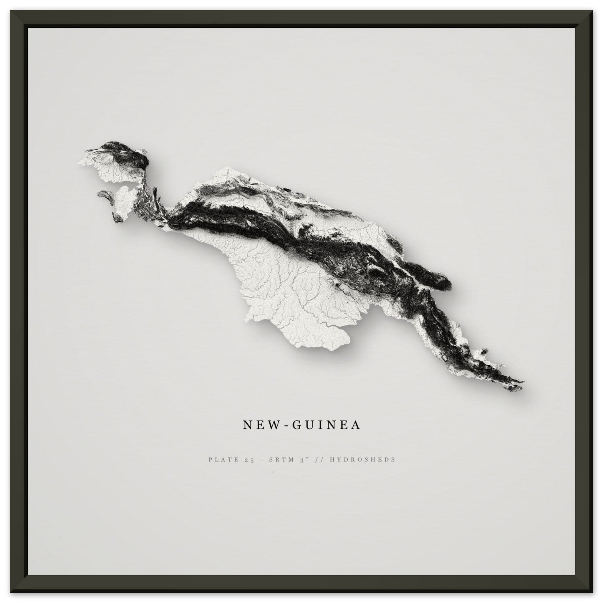 New Guinea elevation relief print in a black frame