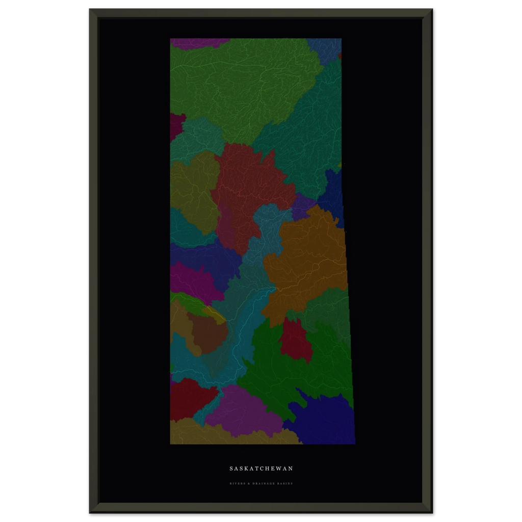 Saskatchewan watershed map print, rivers coloured by drainage basin, in a black metal frame, alternate view