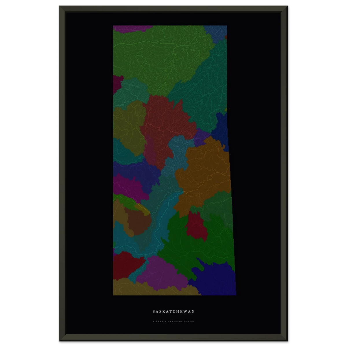 Saskatchewan watershed map print, rivers coloured by drainage basin, in a black metal frame, alternate view