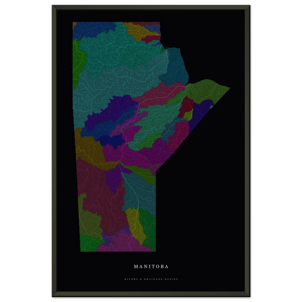 Manitoba watershed map print, rivers coloured by drainage basin, in a black metal frame, close view