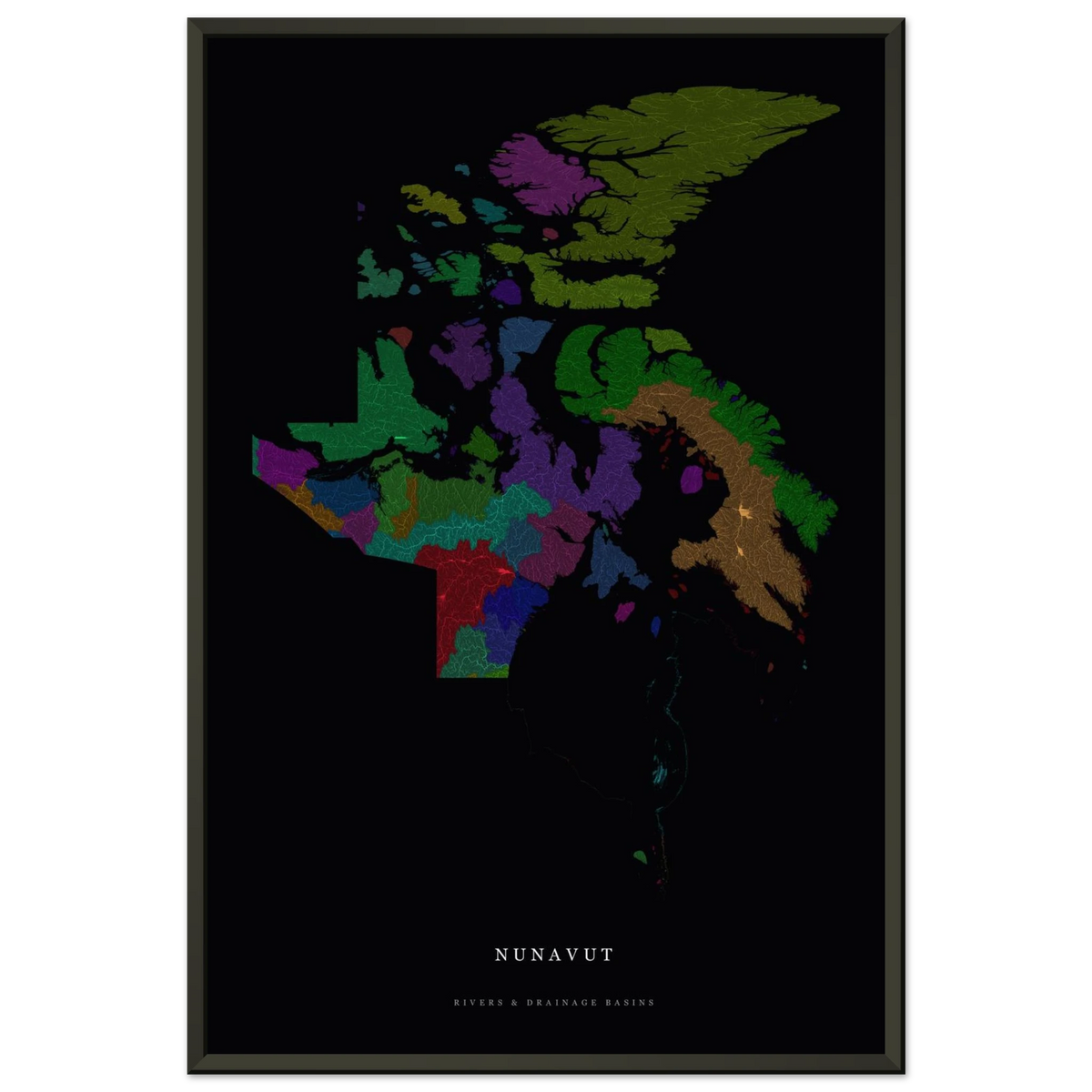 Nunavut watershed map print, rivers coloured by drainage basin, in a black metal frame, alternate view
