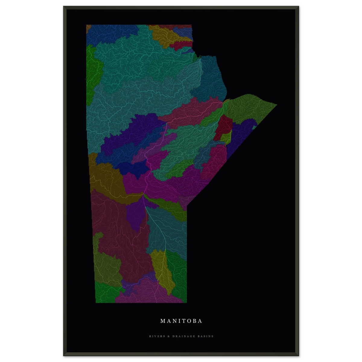 Manitoba watershed map print, rivers coloured by drainage basin, in a black metal frame