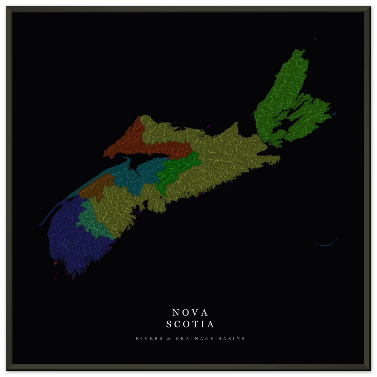 Nova Scotia watershed map print, rivers coloured by drainage basin, in a black metal frame, close view