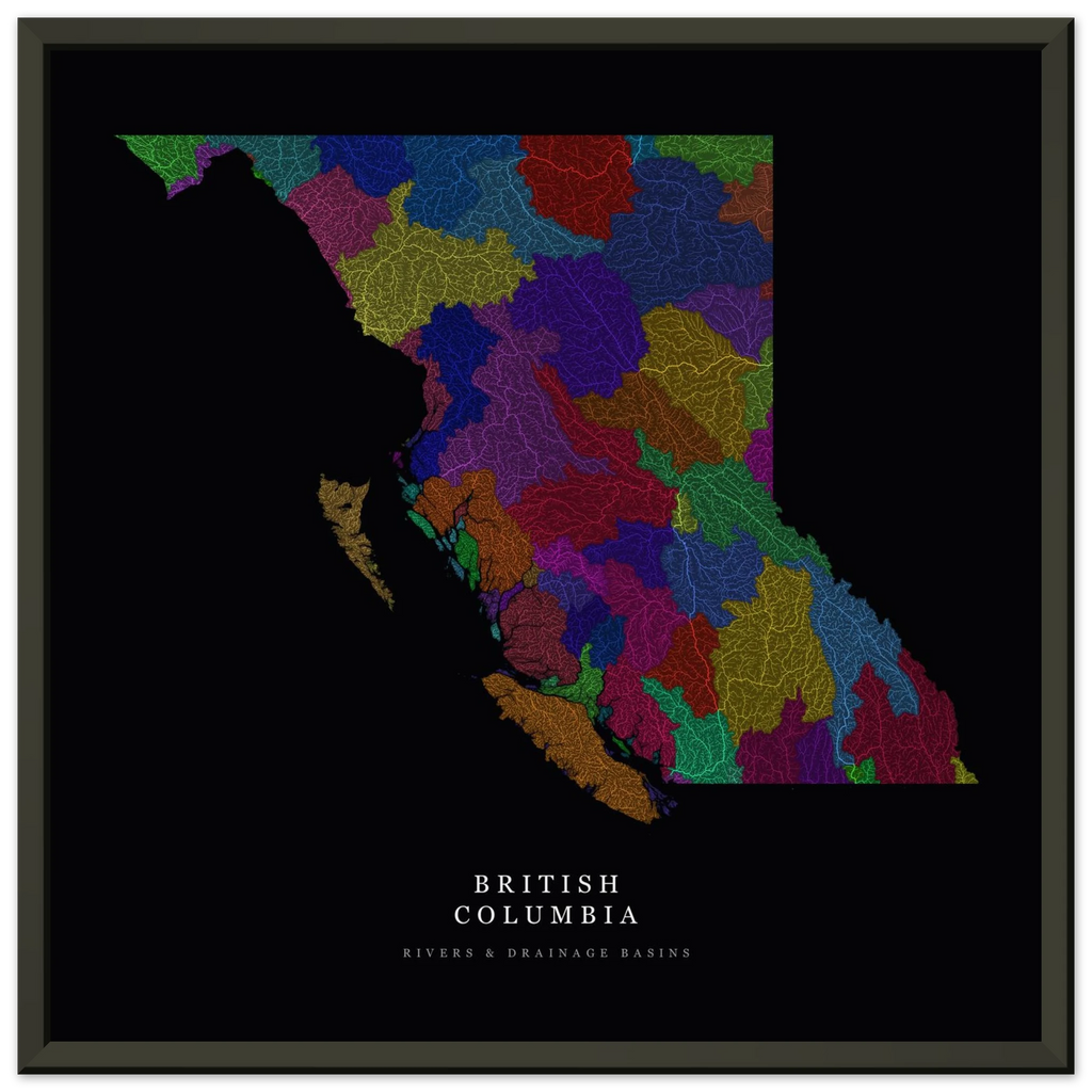 British Columbia watershed map print, rivers coloured by drainage basin, in a black metal frame
