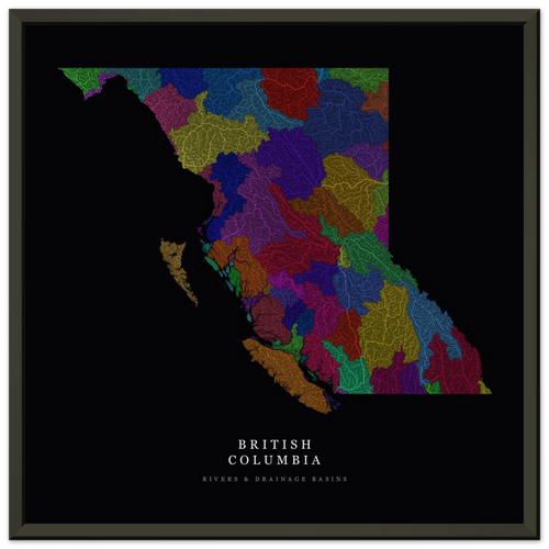 British Columbia watershed map print, rivers coloured by drainage basin, in a black metal frame
