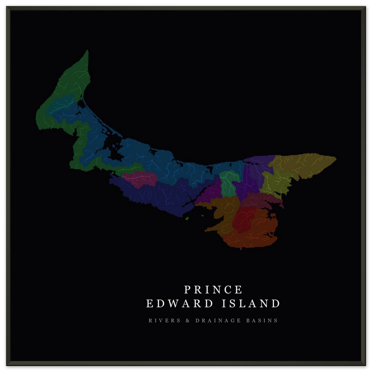 Prince Edward Island watershed map print, rivers coloured by drainage basin, in a black metal frame, alternate view