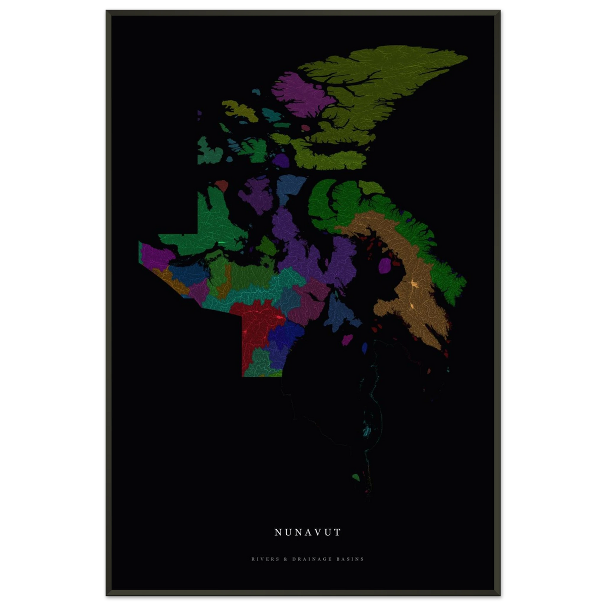 Nunavut watershed map print, rivers coloured by drainage basin, in a black metal frame