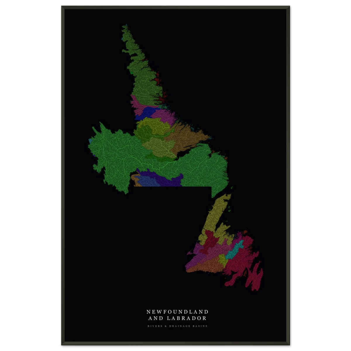 Newfoundland and Labrador watershed map print, rivers coloured by drainage basin, in a black metal frame