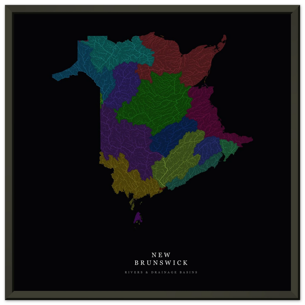 New Brunswick watershed map print, rivers coloured by drainage basin, in a black metal frame