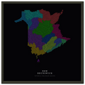 New Brunswick watershed map print, rivers coloured by drainage basin, in a black metal frame
