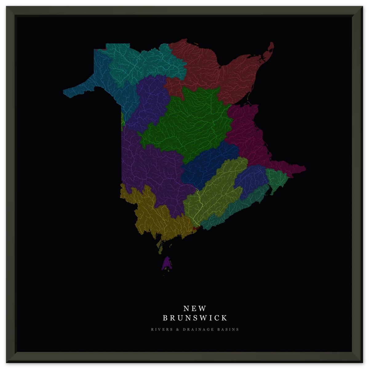 New Brunswick watershed map print, rivers coloured by drainage basin, in a black metal frame