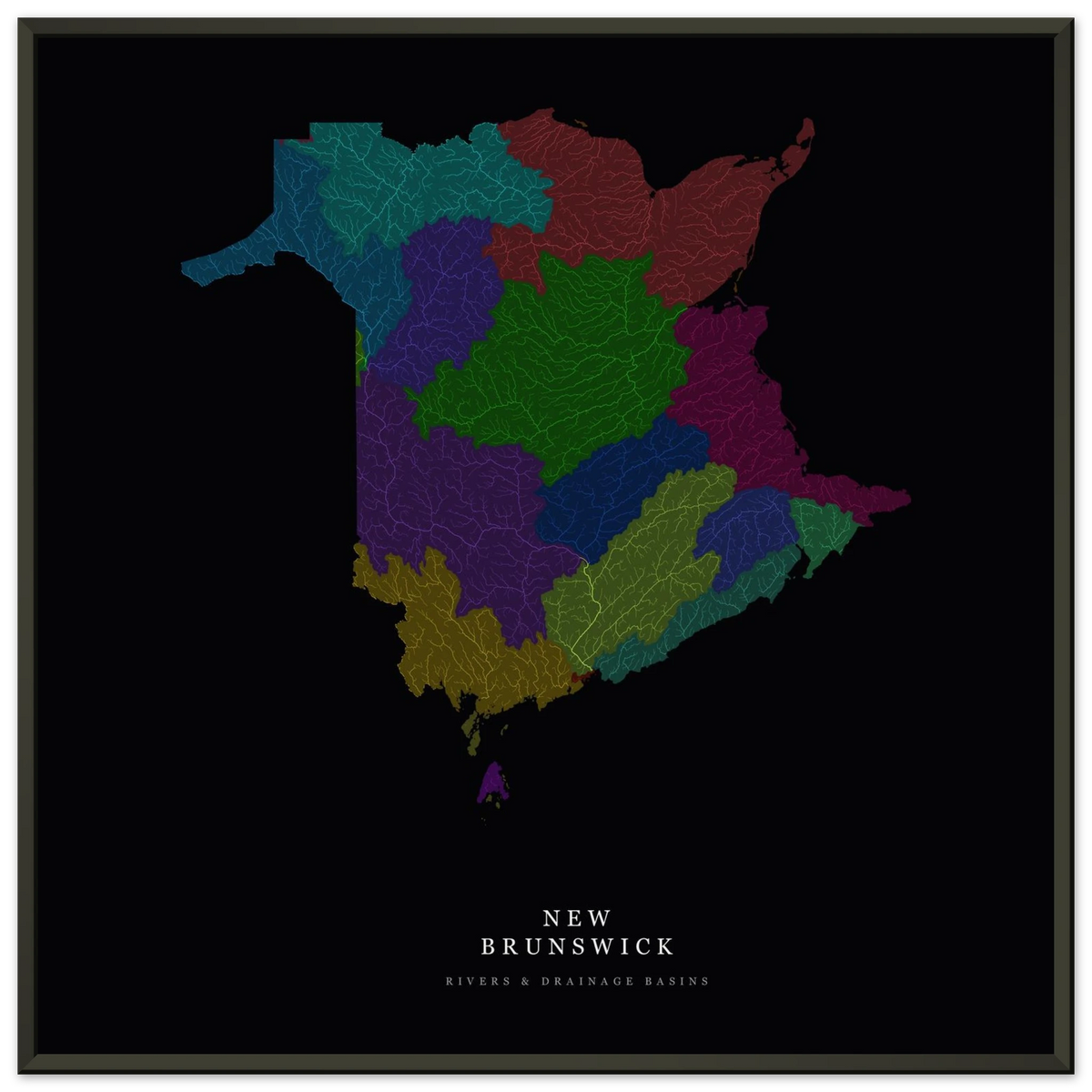 New Brunswick watershed map print, rivers coloured by drainage basin, in a black metal frame, close view