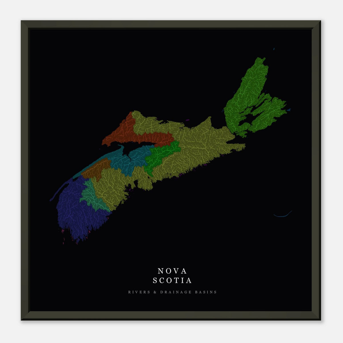 Nova Scotia watershed map print, rivers coloured by drainage basin, framed, shown against a pale wall
