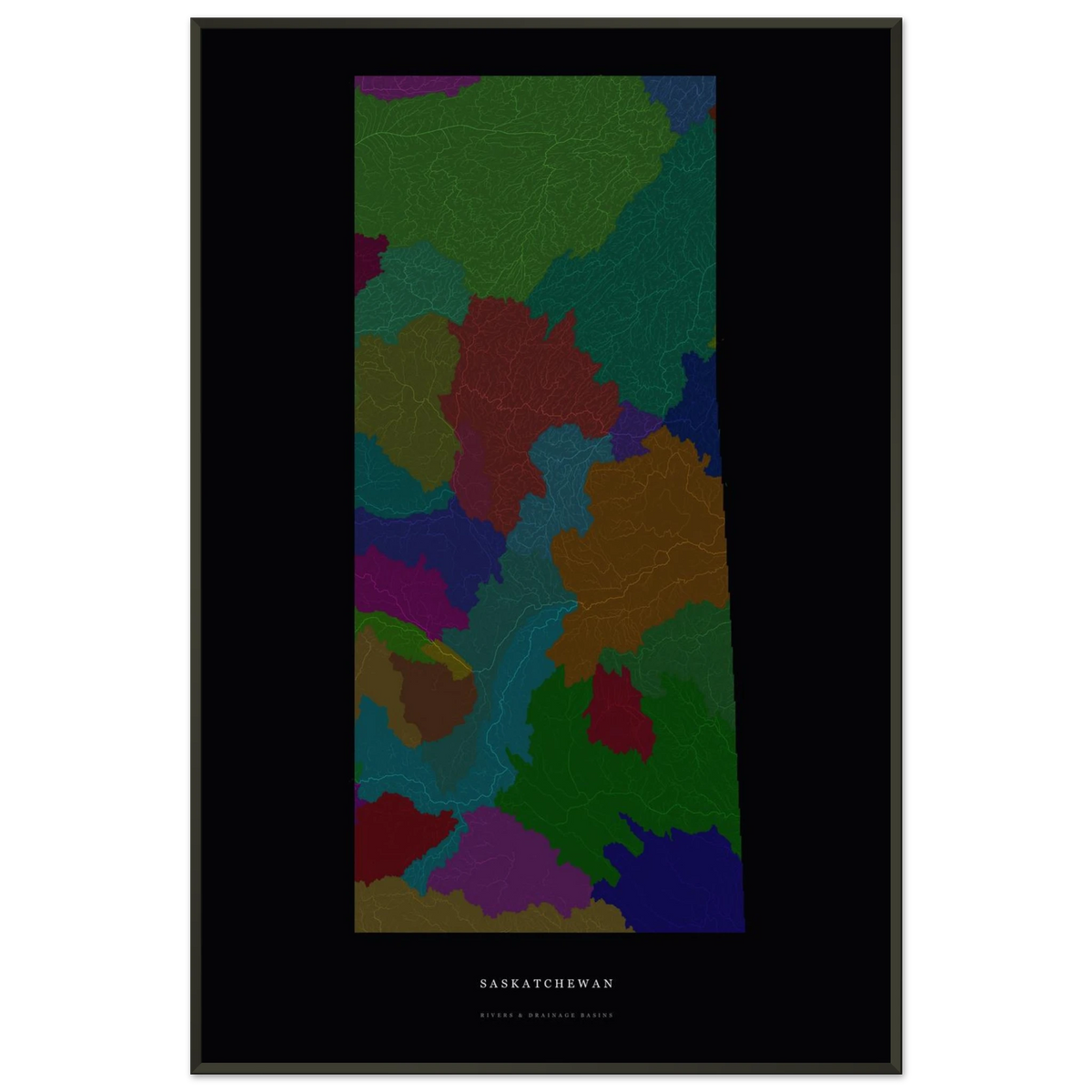 Saskatchewan watershed map print, rivers coloured by drainage basin, in a black metal frame