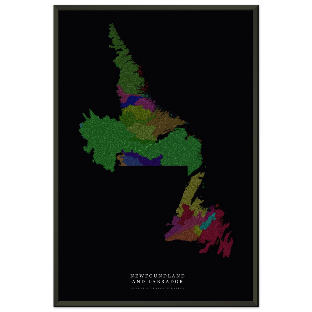 Newfoundland and Labrador watershed map print, rivers coloured by drainage basin, in a black metal frame, alternate view