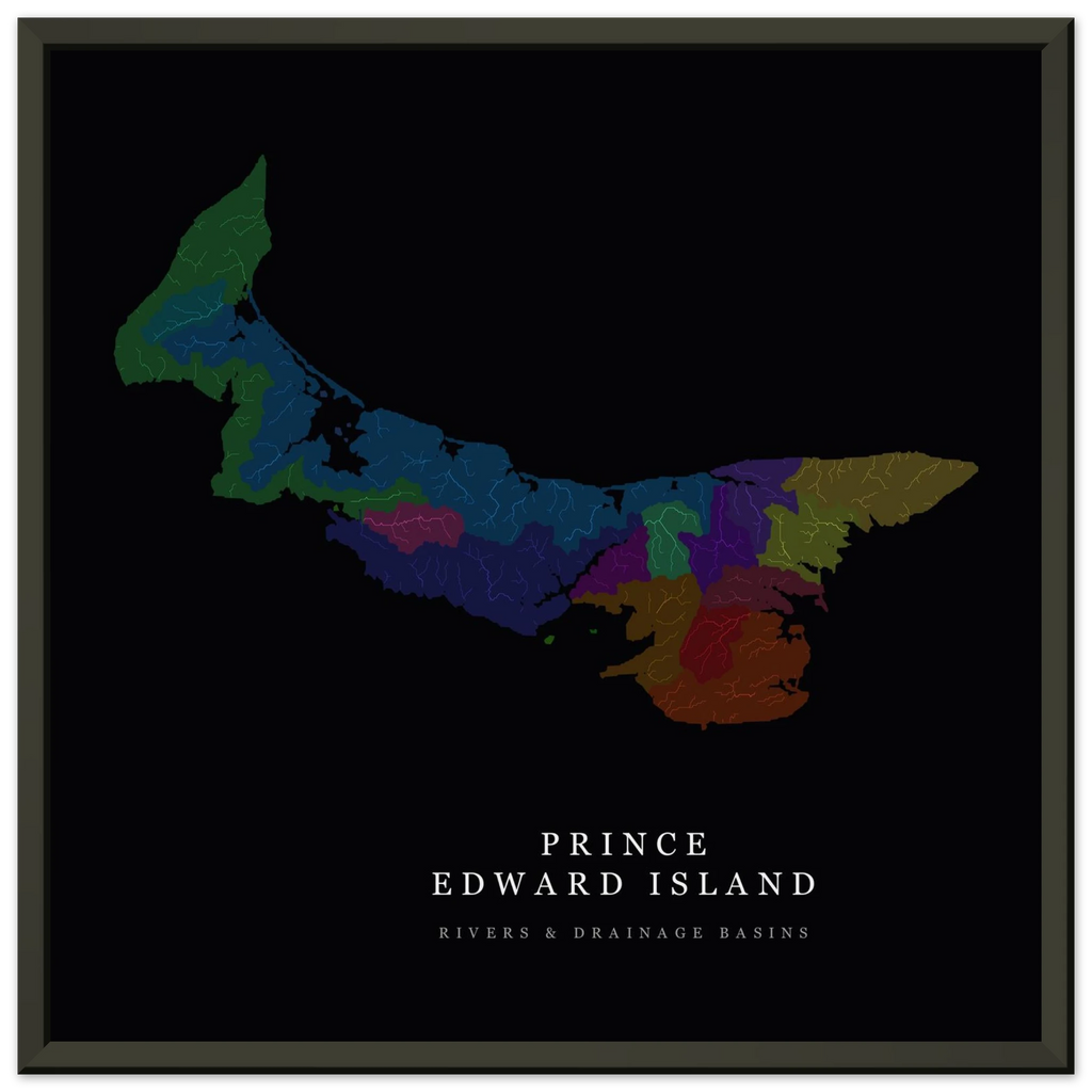 Prince Edward Island watershed map print, rivers coloured by drainage basin, in a black metal frame