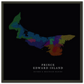 Prince Edward Island watershed map print, rivers coloured by drainage basin, in a black metal frame